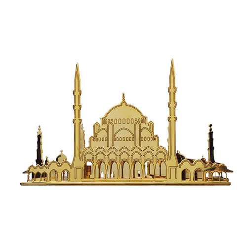 Chemical etched mosque art featuring Arabic calligraphy and geometric patterns