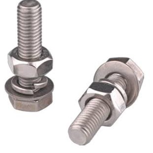 Zinc plated steel bolts and fasteners lined up for industrial use